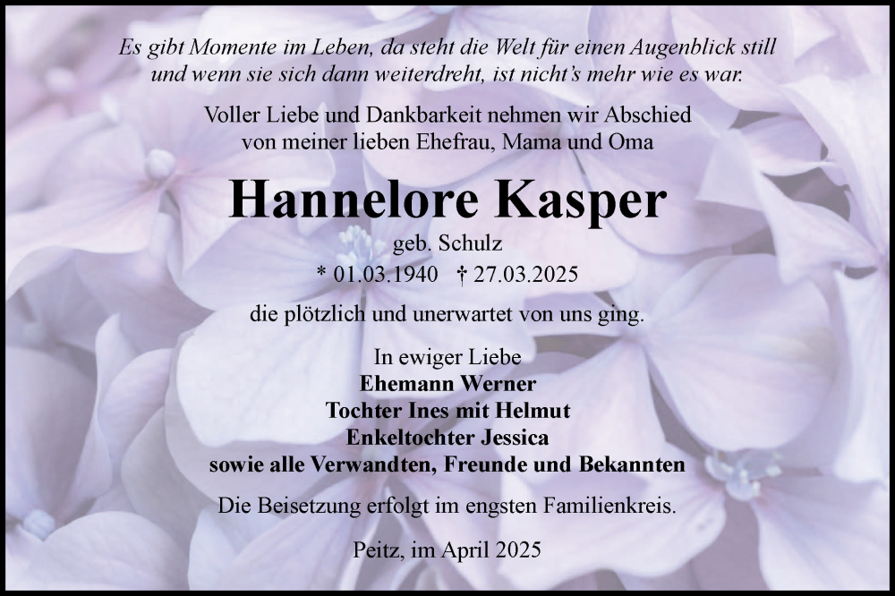  Traueranzeige für Hannelore Kasper vom 05.04.2025 aus Lausitzer Rundschau