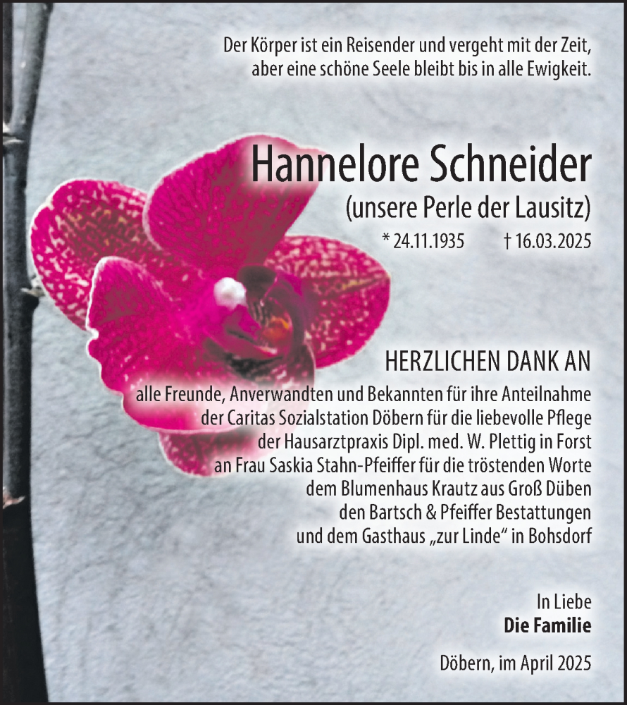  Traueranzeige für Hannelore Schneider vom 12.04.2025 aus Lausitzer Rundschau