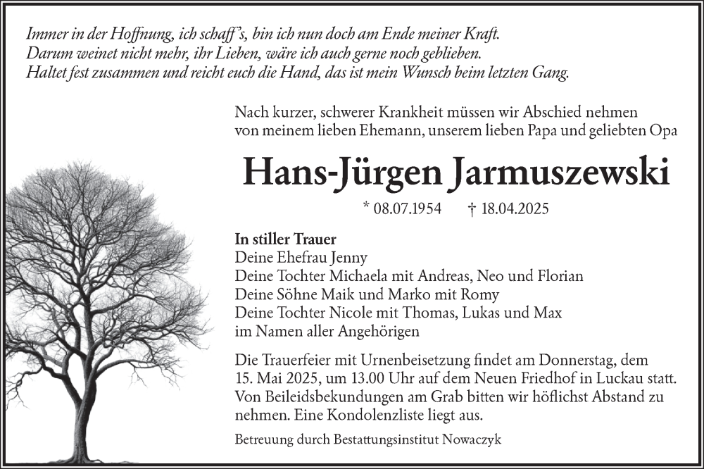  Traueranzeige für Hans-Jürgen Jarmuszewski vom 26.04.2025 aus Lausitzer Rundschau