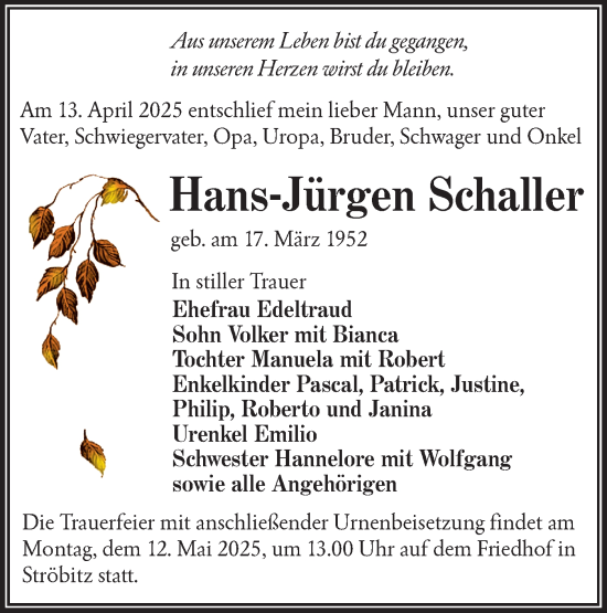 Traueranzeige von Hans-Jürgen Schaller von Lausitzer Rundschau