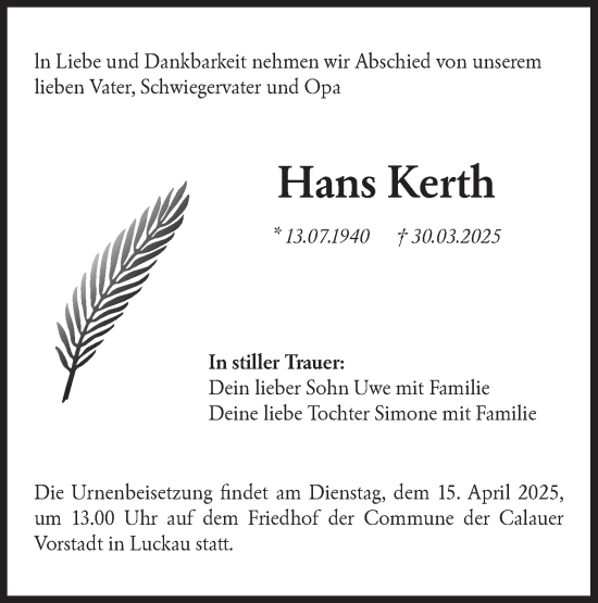 Traueranzeige von Hans Kerth von Lausitzer Rundschau
