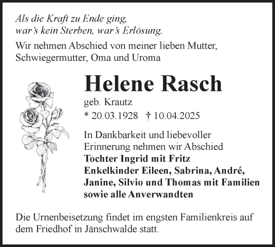 Traueranzeige von Helene Rasch von Lausitzer Rundschau