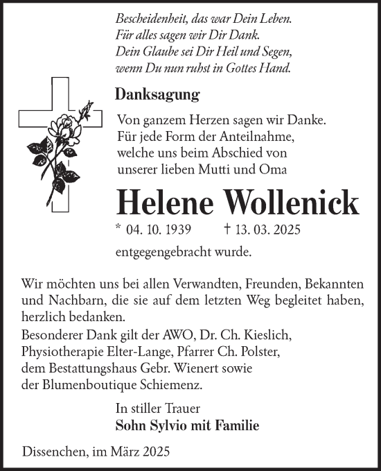 Traueranzeige von Helene Wollenick von Lausitzer Rundschau