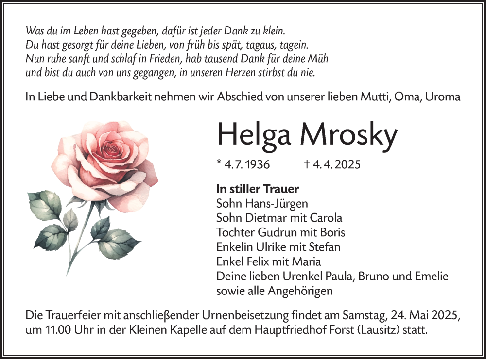  Traueranzeige für Helga Mrosky vom 26.04.2025 aus Lausitzer Rundschau