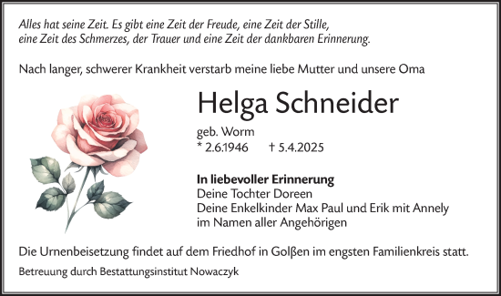 Traueranzeige von Helga Schneider von Lausitzer Rundschau