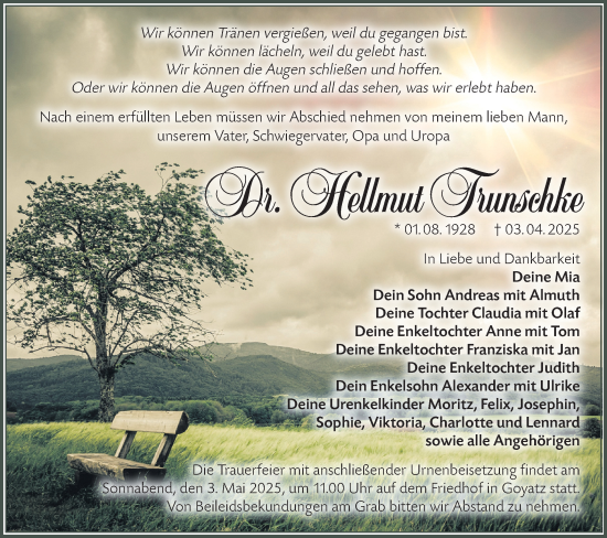 Traueranzeige von Hellmut Trunschke von Lausitzer Rundschau