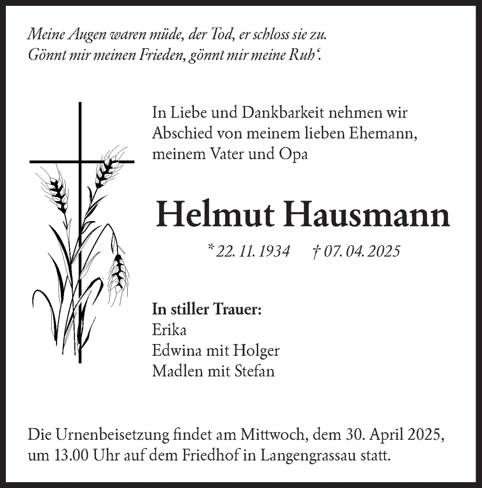  Traueranzeige für Helmut Hausmann vom 19.04.2025 aus Lausitzer Rundschau