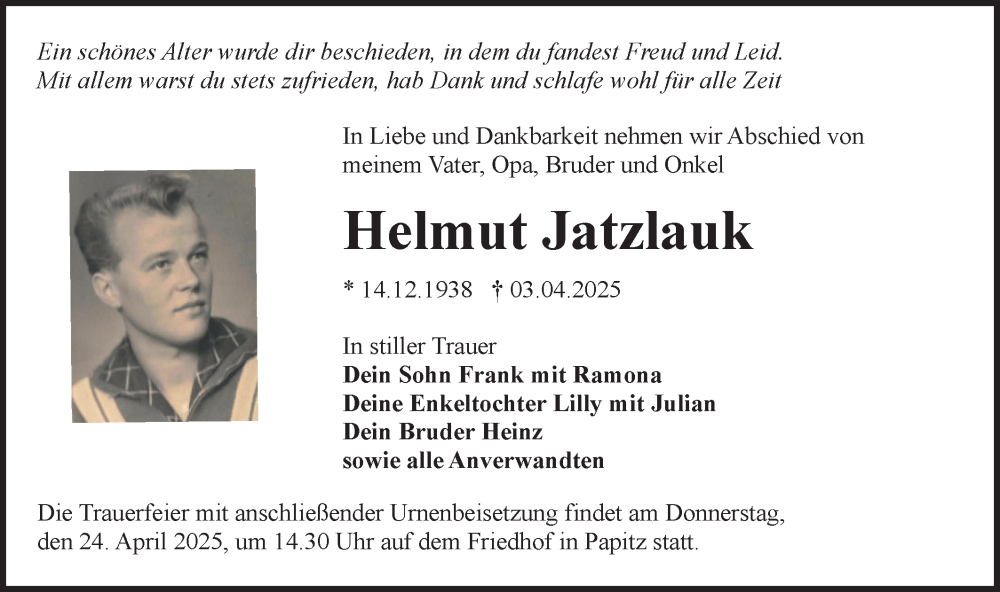  Traueranzeige für Helmut Jatzlauk vom 19.04.2025 aus Lausitzer Rundschau