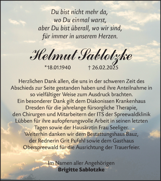 Traueranzeige von Helmut Sablotzke von Lausitzer Rundschau