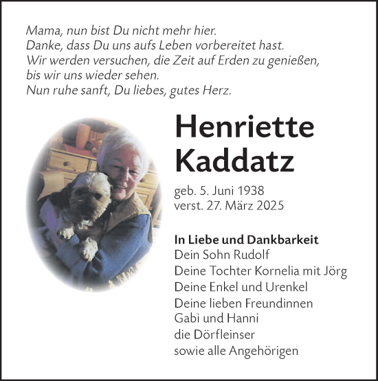Traueranzeige von Henriette Kaddatz von Lausitzer Rundschau