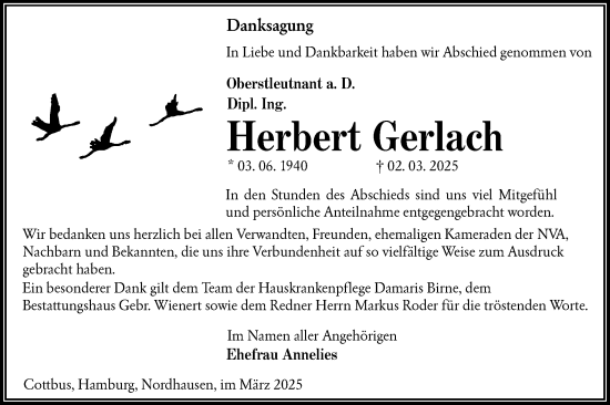 Traueranzeige von Herbert Gerlach von Lausitzer Rundschau
