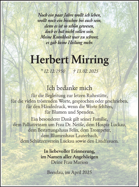 Traueranzeige von Herbert Mirring von Lausitzer Rundschau