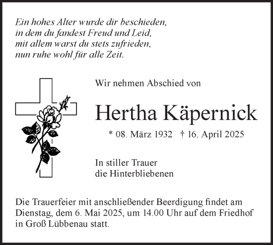 Traueranzeige von Hertha Käpernick von Lausitzer Rundschau