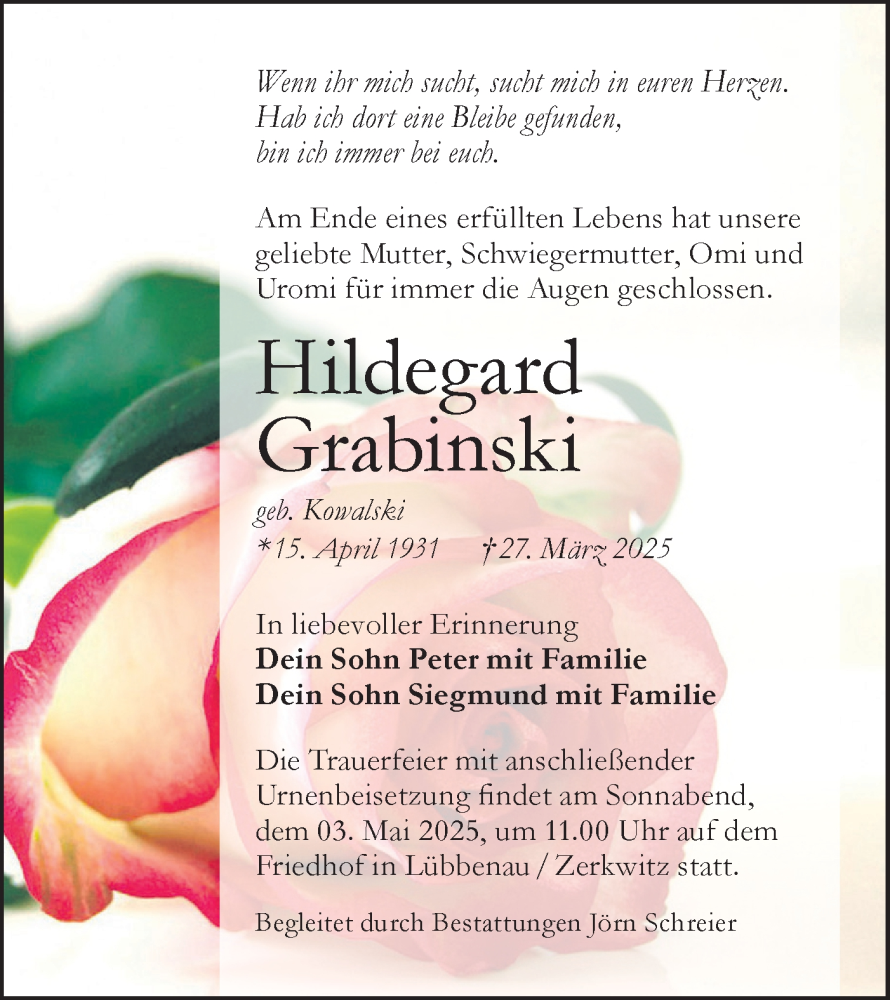  Traueranzeige für Hildegard Grabinski vom 19.04.2025 aus Lausitzer Rundschau