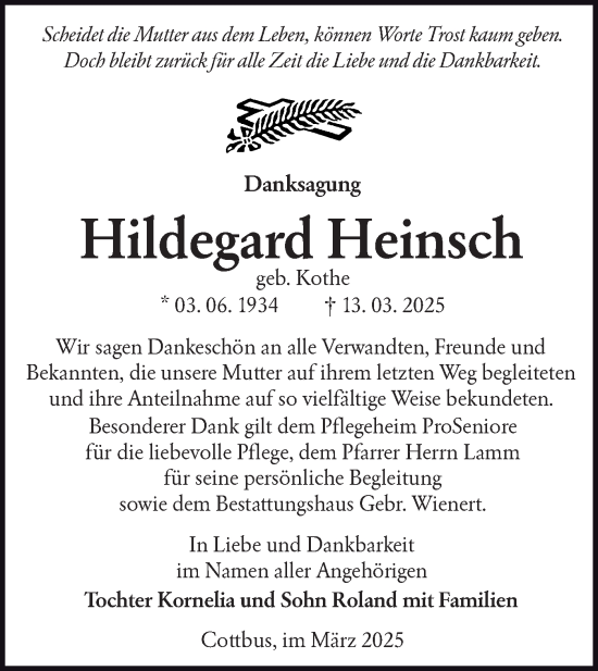 Traueranzeige von Hildegard Heinsch von Lausitzer Rundschau