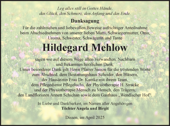 Traueranzeige von Hildegard Mehlow von Lausitzer Rundschau