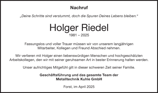 Traueranzeige von Holger Riedel von Lausitzer Rundschau