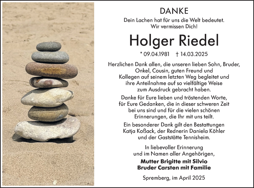 Traueranzeige für Holger Riedel vom 26.04.2025 aus Lausitzer Rundschau