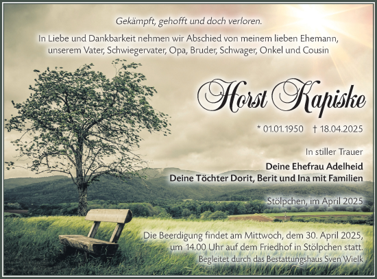 Traueranzeige von Horst Kapiske von Lausitzer Rundschau