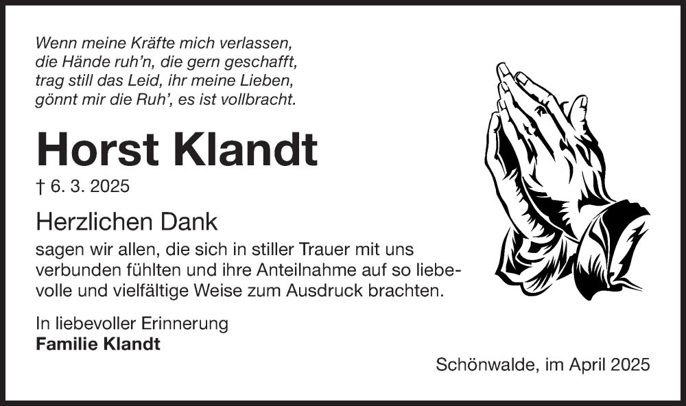  Traueranzeige für Horst Klandt vom 12.04.2025 aus Lausitzer Rundschau