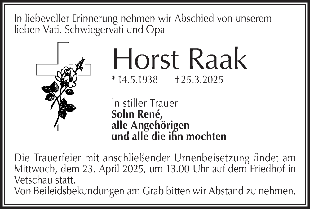  Traueranzeige für Horst Raak vom 12.04.2025 aus Lausitzer Rundschau