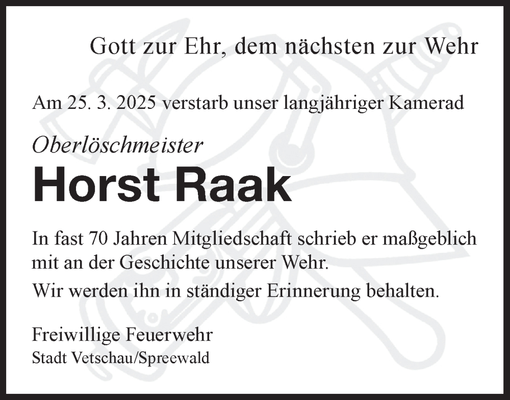  Traueranzeige für Horst Raak vom 26.04.2025 aus Lausitzer Rundschau