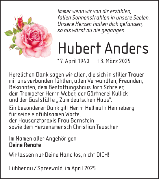Traueranzeige von Hubert Anders von Lausitzer Rundschau