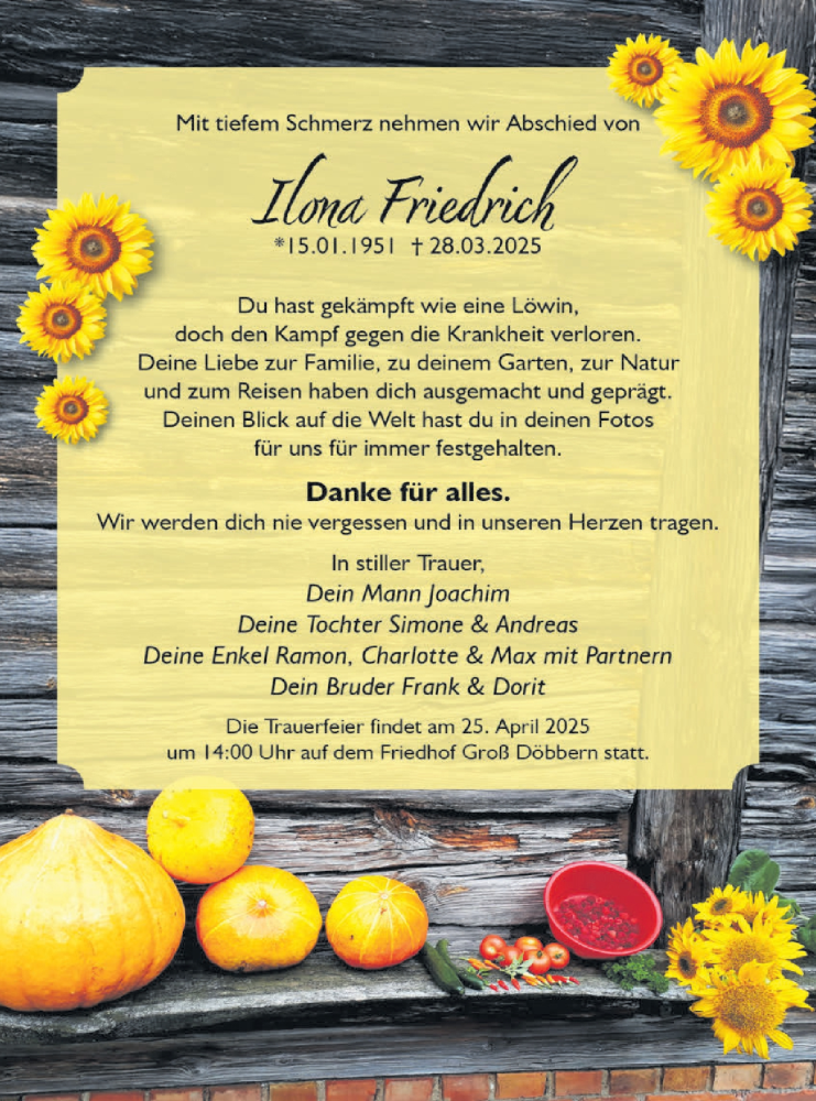  Traueranzeige für Ilona Friedrich vom 12.04.2025 aus Lausitzer Rundschau