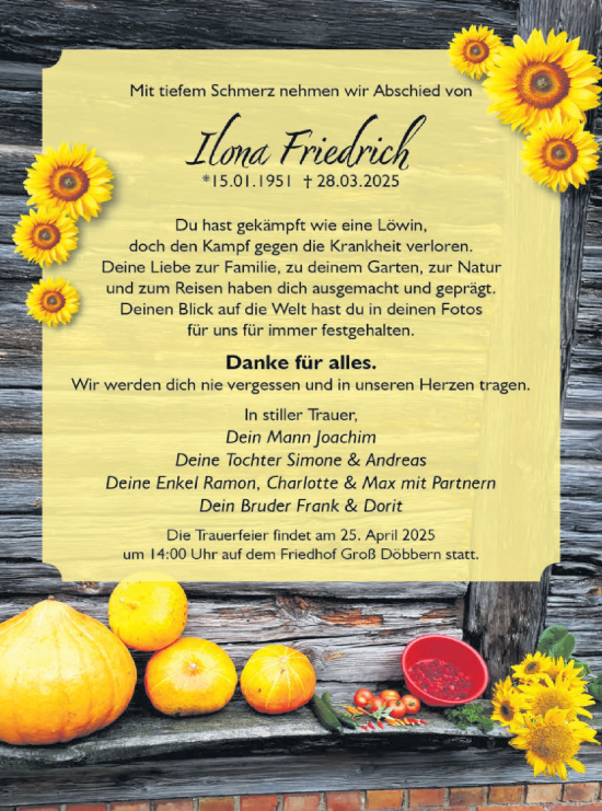 Traueranzeige von Ilona Friedrich von Lausitzer Rundschau