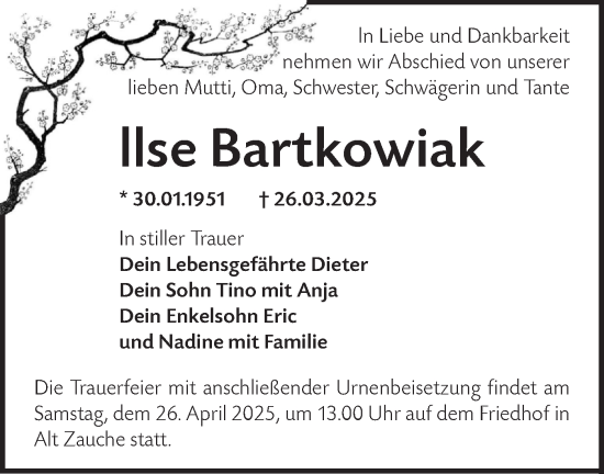 Traueranzeige von Ilse Bartkowiak von Lausitzer Rundschau