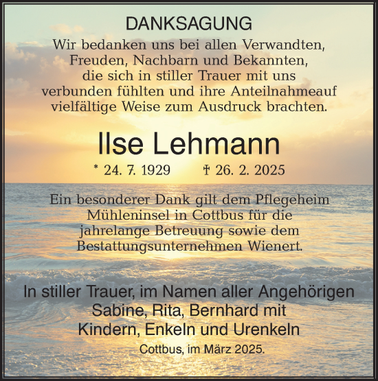 Traueranzeige von Ilse Lehmann von Lausitzer Rundschau