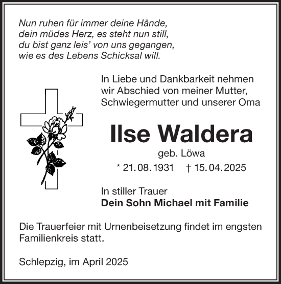 Traueranzeige von Ilse Waldera von Lausitzer Rundschau
