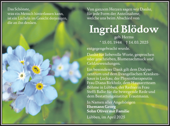 Traueranzeige von Ingrid Blödow von Lausitzer Rundschau