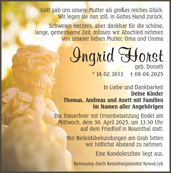 Traueranzeige von Ingrid Horst von Lausitzer Rundschau