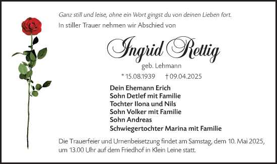 Traueranzeige von Ingrid Rettig von Lausitzer Rundschau