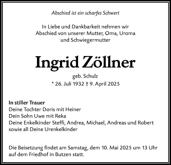 Traueranzeige von Ingrid Zöllner von Lausitzer Rundschau
