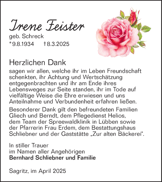 Traueranzeige von Irene Feister von Lausitzer Rundschau