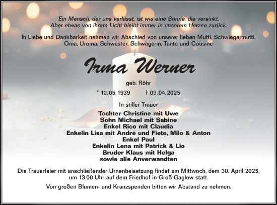 Traueranzeige von Irma Werner von Lausitzer Rundschau