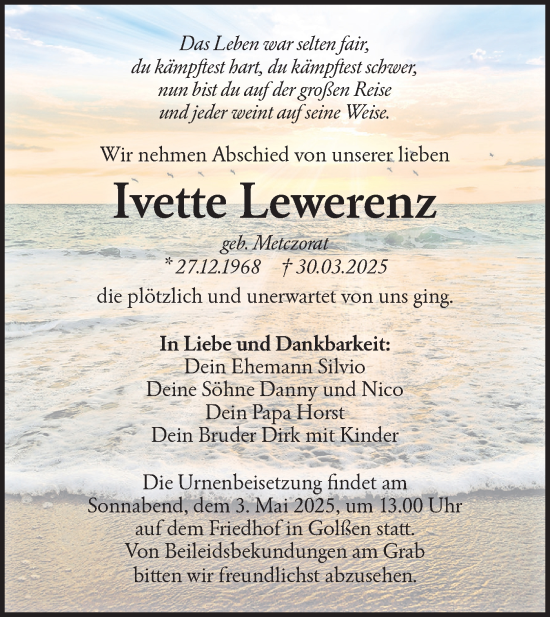 Traueranzeige von Ivette Lewerenz von Lausitzer Rundschau