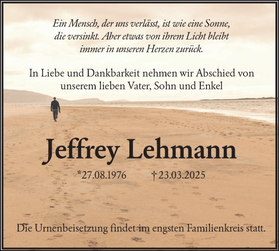 Traueranzeige von Jeffrey Lehmann von Lausitzer Rundschau
