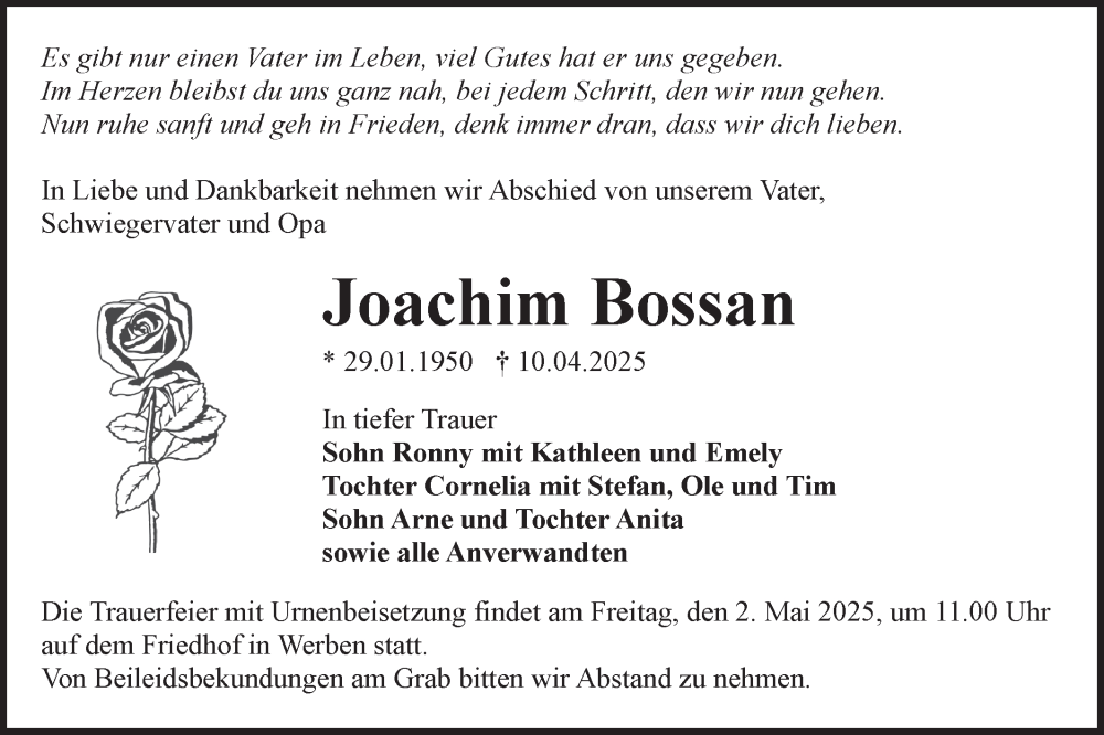  Traueranzeige für Joachim Bossan vom 26.04.2025 aus Lausitzer Rundschau