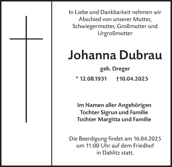 Traueranzeige von Johanna Dubrau von Lausitzer Rundschau
