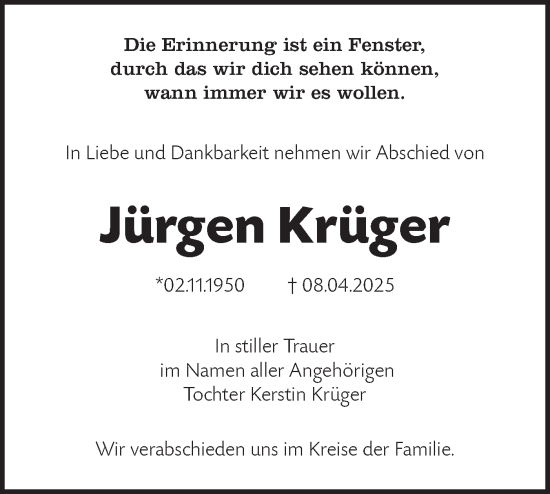 Traueranzeige von Jürgen Krüger von Lausitzer Rundschau