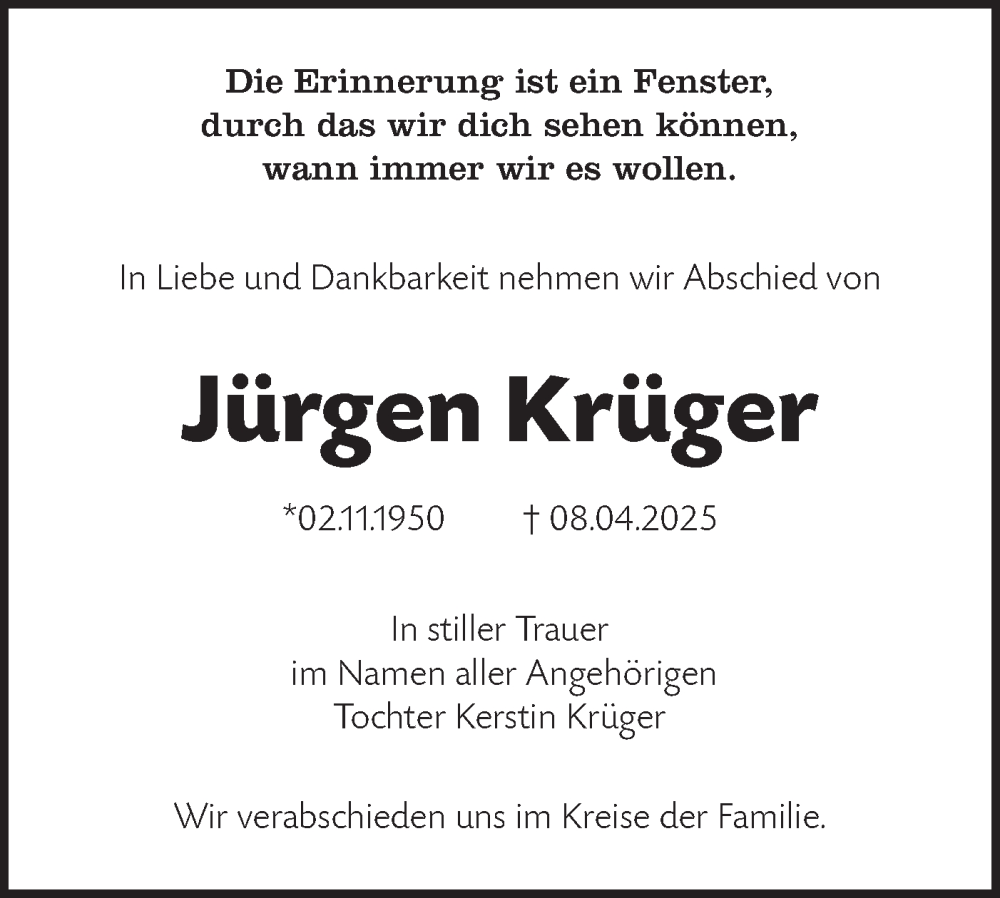  Traueranzeige für Jürgen Krüger vom 19.04.2025 aus Lausitzer Rundschau