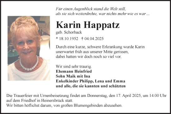 Traueranzeige von Karin Happatz von Lausitzer Rundschau
