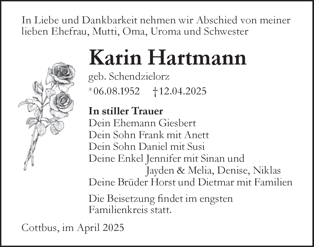  Traueranzeige für Karin Hartmann vom 19.04.2025 aus Lausitzer Rundschau