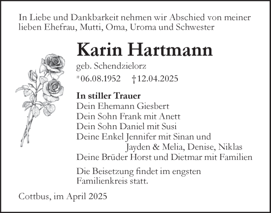 Traueranzeige von Karin Hartmann von Lausitzer Rundschau
