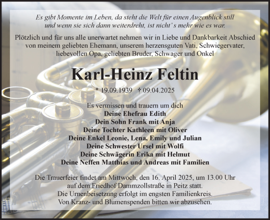 Traueranzeige von Karl-Heinz Feltin von Lausitzer Rundschau