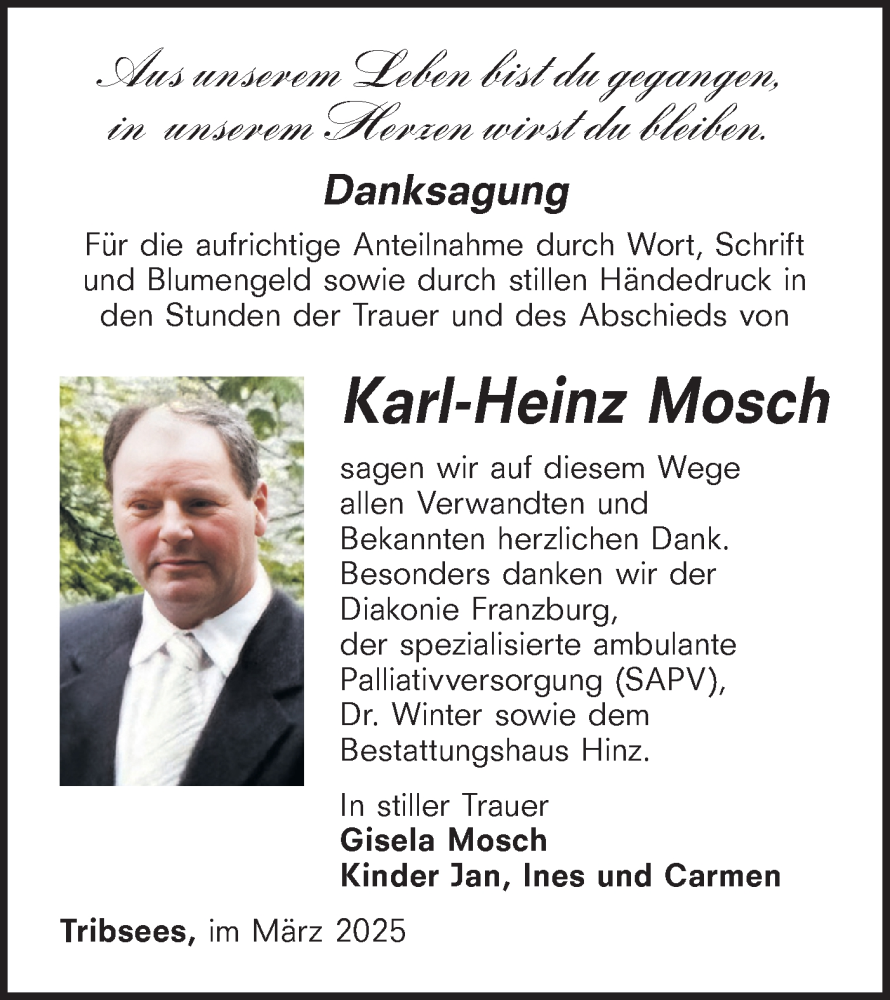  Traueranzeige für Karl-Heinz Mosch vom 05.04.2025 aus Lausitzer Rundschau