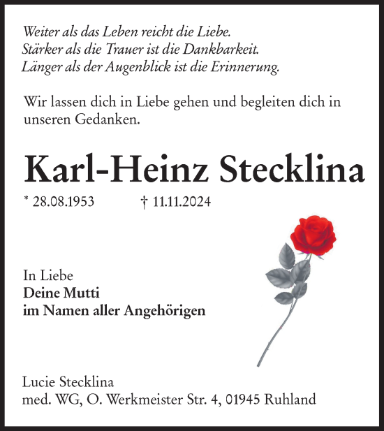 Traueranzeige von Karl-Heinz Stecklina von Lausitzer Rundschau